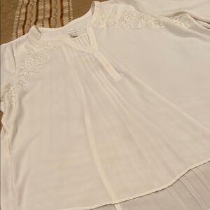 Chico's Cream Pleated Lace Embellished Blouse, 100% Polyester, 3 (L to XL)
